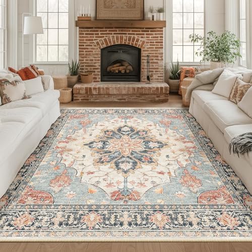 RELEANY Washable Area Rug, Square 8'x8', Beige/Blue/Orange - Image 2