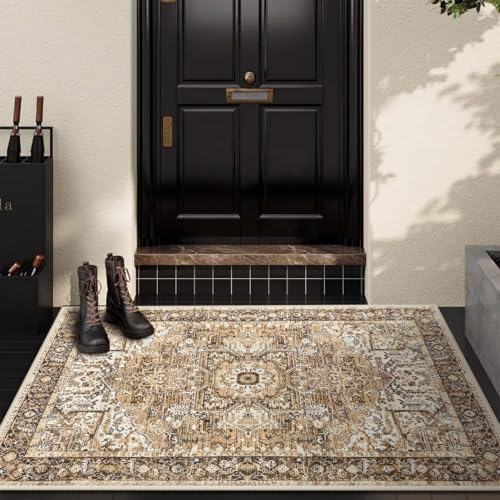 Hanples 2x3 Washable Rugs for Entryway, Vintage Floral Door Mat, Beige by Hanples