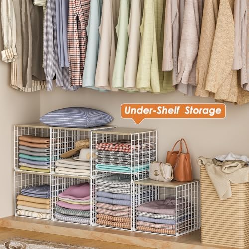 Hencawima 5PCS Stackable Closet Organizers and Storage, Closet Shelves with Wood Top Extra Storage, Clothes Storage Organizer Basket Bin/Cube for Home Wardrobe Organization(White-Sturdy Metal) - Image 2