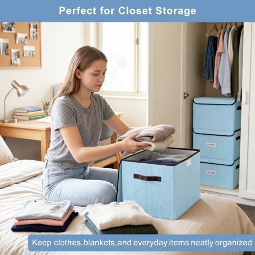 Bagnizer Foldable Storage Bins with Lids, Decorative Storage Baskets, Large Storage Boxes for Home, Office, Bedroom, Closet, Blue, Medium, 4 Pack 14.6 x 9.5 x 9.5” - Image 3