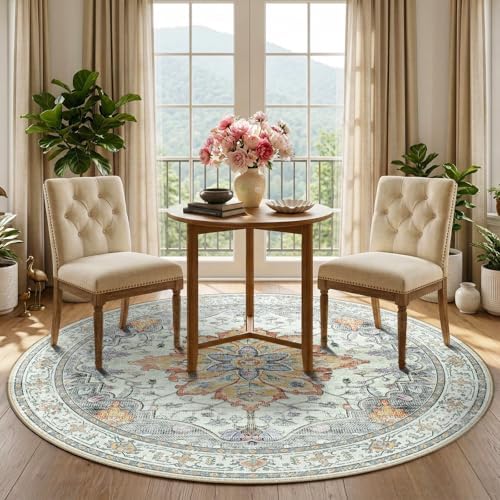 RELEANY Washable Area Rug, Round 5ft, Beige/Carbon Grey/Orange - Image 2