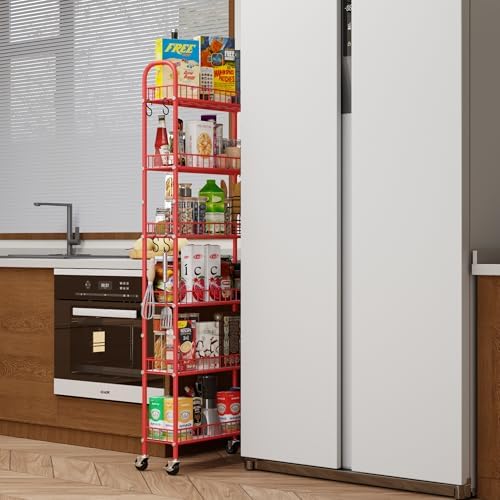 Slim Rolling Storage Cart 6 Tier, Metal Kitchen Rolling Utility Cart with Lockable Wheels for Kitchen, Bathroom, Office, Laundry Room, Small Narrow Spaces (Red 6 Inches) - Image 2