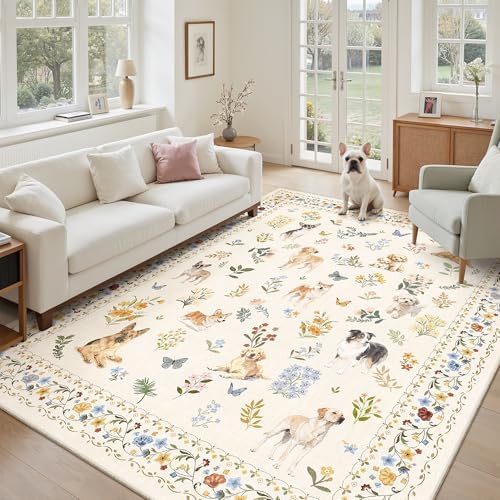 Soalmost Dog 6x9 Area Rugs for Living Room, Washable Animal Soft Rug Beige by Soalmost