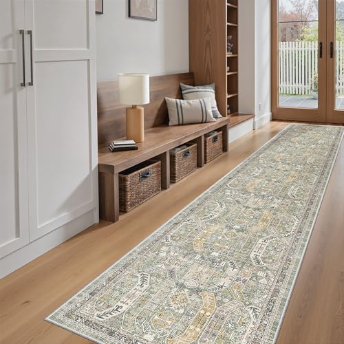 Madane Washable Runner Rugs 2x12 Long for Hallway Kitchen Soft, Green/Gold - Image 3