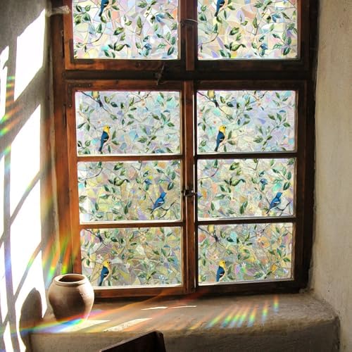 GORGECRAFT 39.4x16.9 Inch Bird on Branch Rainbow Window Privacy Film Green Leaves Plant Static Glass Cling 3D Non-Adhesive Sun Blocking Glass Sticker Prism Stained Window Decals for Room Home by GORGECRAFT