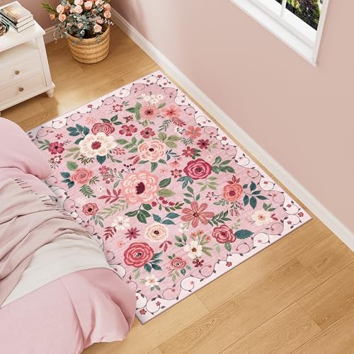 DUKINO 3x4 Area Rug, Floral Washable Rug for Kitchen Non Slip, Pink by DUKINO
