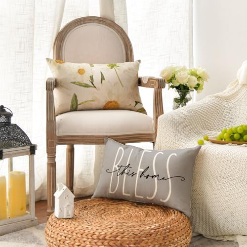 AVOIN colorlife Home Sweet Home Spring Summer Flowers Throw Pillow Covers, 12 x 20 Inch Grey Cushion Case for Sofa Couch Set of 4 - Image 3