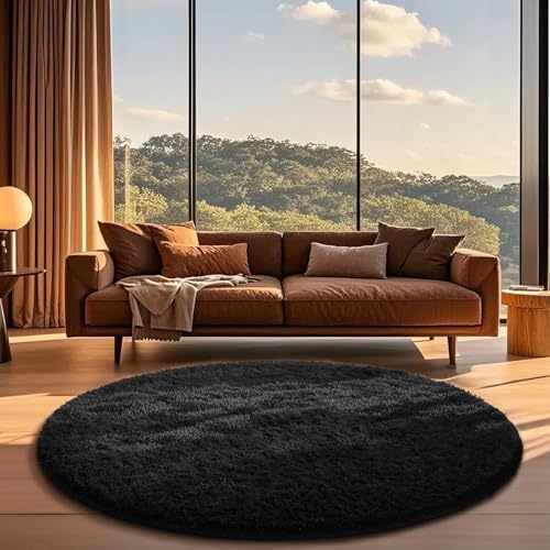 Ophanie Round Rug 6Ft Black Circle Area Rug, Room Decor for Men, Fluffy Fuzzy Bedroom Carpet, Plush Soft Shaggy Living Room Rugs for Kids Home Aesthetic, Nursery with Over 99 pcs Pile fibers by Ophanie