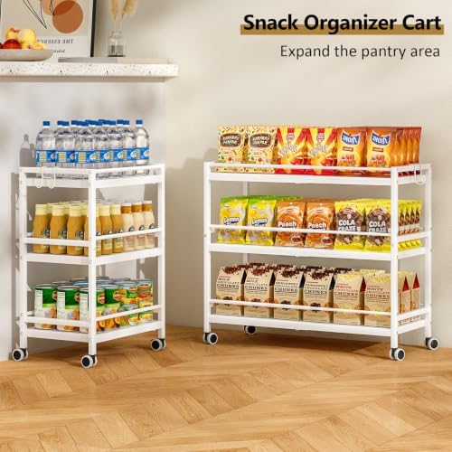 3-Tier Expandable Rolling Pantry Organizers and Storage Cart with Wheels, Adjustable Pantry Floor Organizer, Snack Cart for Pantry, Kitchen Storage Cart with 4 Hooks for Snack, Food, Vegetables, White - Image 6
