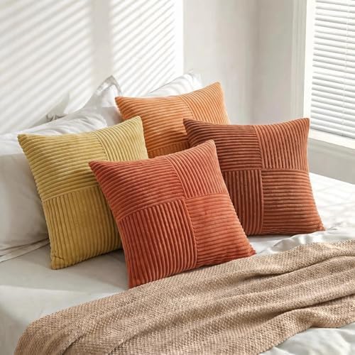 Fancy Homi Set of 4 Boho Fall Decorative Throw Pillow Covers 18x18 Inch for Couch Bed Sofa Bedroom, Modern Farmhouse Home Decor, Soft Cross Striped Corduroy Patchwork Colorful Cushion Case 45x45cm - Image 5
