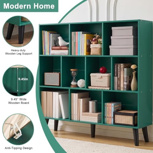 YAHARBO 10 Cube Bookshelf,3 Tier Bookcase with Legs,Dark Green Mid-Century Modern Bookshelves,Large Free Standing Open Storage Organizer Shelf,Tall Wooden Book Case Furniture for Bedroom,Living Room - Image 5