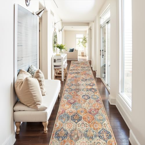 Lahome Moroccan Washable Runner Rug 2x10, Kitchen Runners for Hallways Rubber Backing Ultra-Thin Vintage Hallway Rug Non-Slip Carpet for Entryway Bedroom Laundry Room Elise, Cream/Multi by Lahome