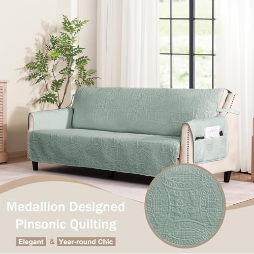 Sage Blue Quilted Sofa Cover, Anti-Slip Medallion Designed Couch Covers for 3 Cushion Couch, Sofa Slipcovers for Dogs Cats Water-Repellent, Machine Washable (Large Sofa 68", Sage Blue) - Image 2