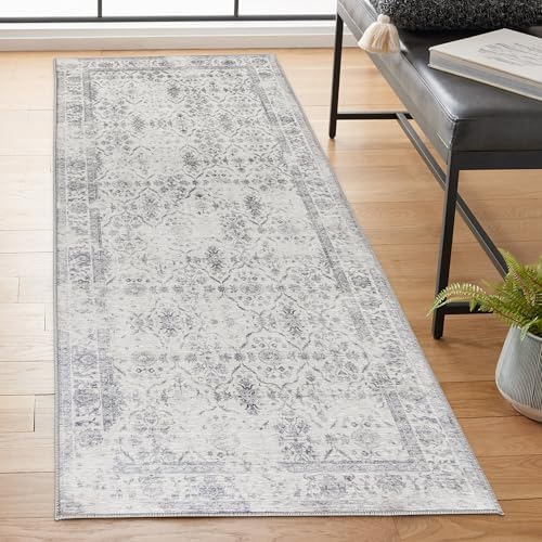 ReaLife Rugs Machine Washable Area Rug Runner - Living Room Bedroom Bathroom Kitchen Entryway Office - Padded Low Pile Stain Resistant Premium - Boho Farmhouse Vintage - Noor - Ivory Grey 2'6" x 6' by ReaLifeRugs