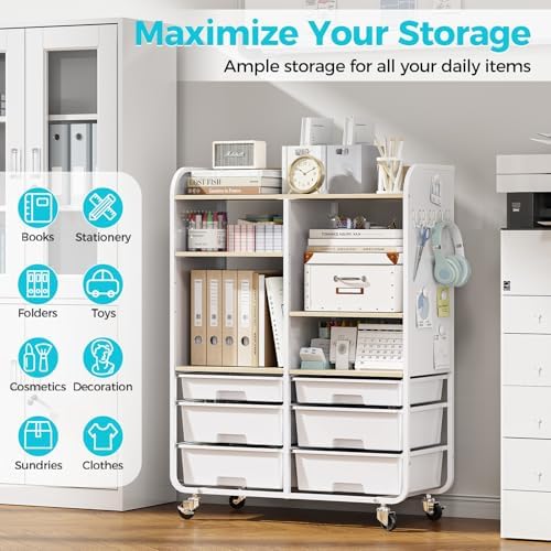 APEXCHASER 6 Drawers Rolling Storage Cabinet with Wood Top& Pegboards White - Image 6