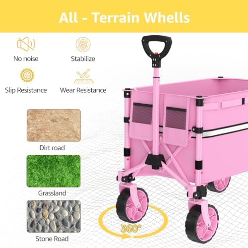ROSONG Collapsible Wagon Cart with Wheels Foldable - Folding Utility Heavy Duty Wagons Carts for Grocery Sports Garden Shopping Camping Wheelbarrows (Pink, 120L) - Image 4
