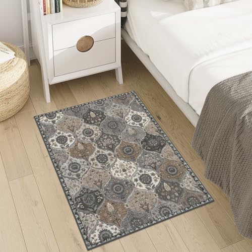 Lahome Moroccan Trellis Area Rug, 2x3 Entryway Rug Non-Slip Washable Indoor Door Mat, Small Oriental Accent Throw Carpet for Bedroom Kitchen Entry Bathroom Elise, Grey - Image 5