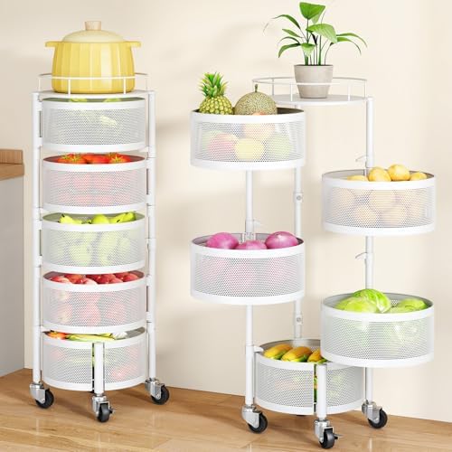 SAYZH 5 Tier Fruit Vegetable Basket Stand for Kitchen, Rotating, White by SAYZH