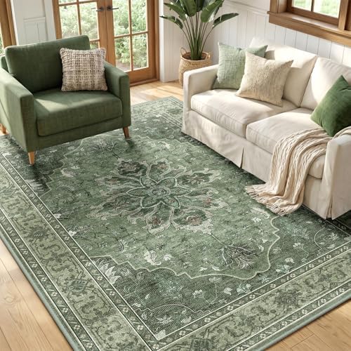 RELEANY Washable Area Rug, 5'x7', Green/Dark Green/Gray by RELEANY