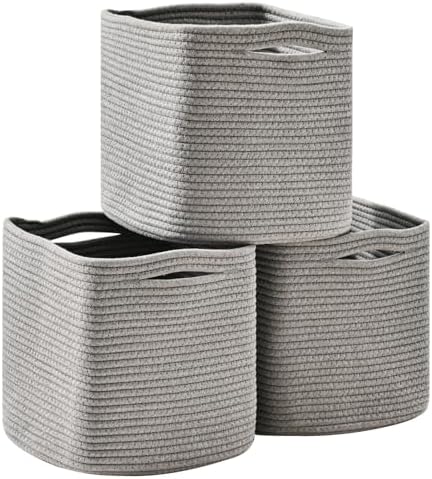 ICERZCZ 11 Inch Cube Storage Bins, Storage Cube Organizer Bins, Woven Cotton Rope Basket for Storage, Storage Baskets for Organizing Shelves, Grey Baskets for Toys Nursery, Grey (Pack of 3) by ICERZCZ