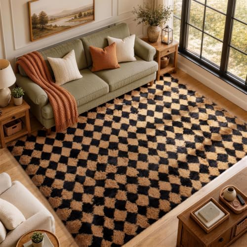 Ophanie 8x10 Black & Beige Diamond Checkered Rugs for Living Room Bedroom,Large Rhombus Fluffy Soft Fuzzy Area Rugs,Plush Shaggy Bedside Floor Carpet Kids Baby Dorm Decor with Over 99 pcs Pile fibers by Ophanie