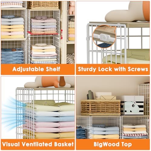 Hencawima 5PCS Stackable Closet Organizers and Storage, Closet Shelves with Wood Top Extra Storage, Clothes Storage Organizer Basket Bin/Cube for Home Wardrobe Organization(White-Sturdy Metal) - Image 6