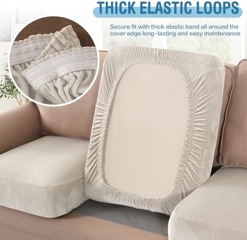 H.VERSAILTEX Velvet Stretch Couch Cushion Cover Plush Cushion Slipcover for Chair Loveseat Sofa Cushion Furniture Protector Seat Cushion Sofa Cover (3 Piece Sofa Cushion Covers, Ivory Striped) - Image 6