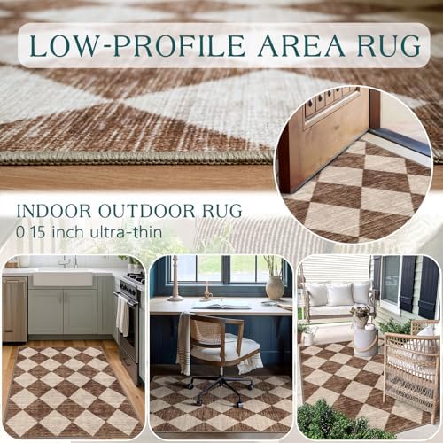 Brown Beige Checkered Entry Rug - 3x5 Non-Slip Indoor Outdoor Rugs - Image 5