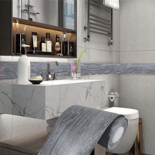 YESUS Dark Grey Wood Grain 3D 10M Wallpaper Frame Removable PVC Waterproof Peel and Stick Wallpaper,Bathroom Frame Sticker Wall Decor 3.93" x 32.8" - Image 6