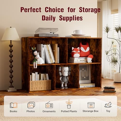 Book Shelf, Wooden Cube Storage Organizer with 11" Open Cubes, Stackable Bookcase for Room Divider Storage, 2 Tier Bookshelf for Living Room, Bedroom, Office (Indonesian Antique Oak, 5-Cube) - Image 6