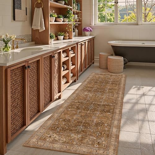 Washable Area Rug 2'6'' x 8' Vintage Traditional Persian Mat - Foldable Distressed Non-Slip Machine Washable Carpet for Living Room Bedroom Kitchen Home Decor - Bronze and Ivory - Image 2