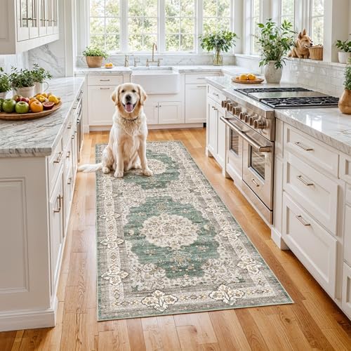 Ksrau 3x6 Runner Rug Washable Vintage: Non Slip Hallway Runners Green/Beige by Ksrau