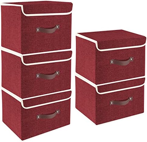 TYEERS Foldable Storage Boxes with Lids 5 Pack Fabric Storage Bins with Lids, Closet Organizers for Clothes Storage, Room Organization, Office Storage, Toys - Red Wine by StorageOrganization