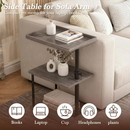 Faesun C Table End Table Adjustable Height, 360°Swivel TV Tray Table for Small Spaces, Small Nightstand for Living Room, Bedroom, Gray - Image 4