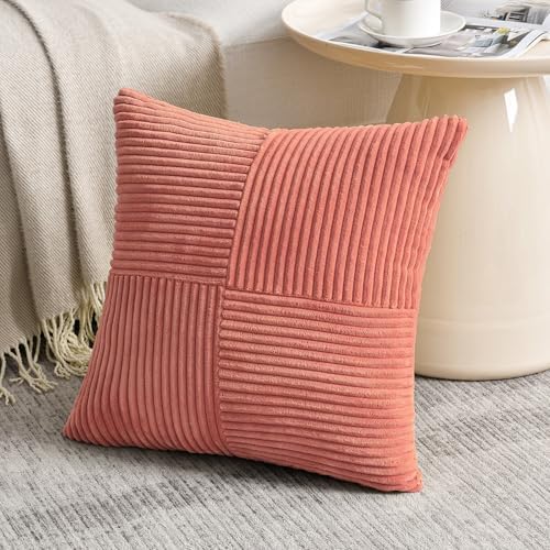 Fancy Homi 2 Packs Coral Samll Decorative Throw Pillow Covers 12x12 Inch with for Couch Bed Sofa, Rustic Farmhouse Boho Home Decor, Soft Corss Patchwork Corduroy Square Peach Cushion Case 30x30 cm - Image 2