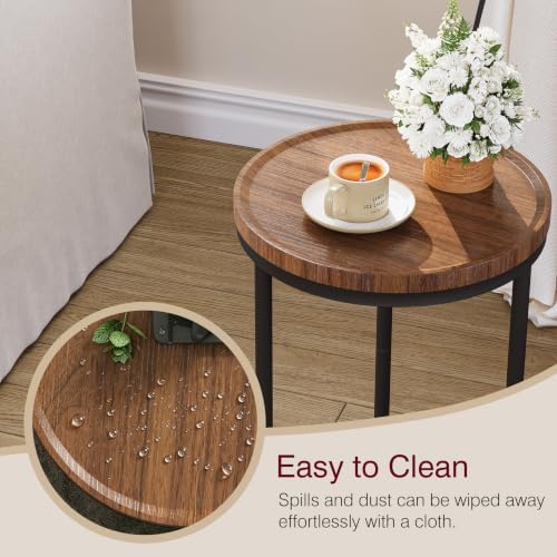 YAUKOMEL Small Round Side Table,Round Sofa End Table Walnut - Image 6