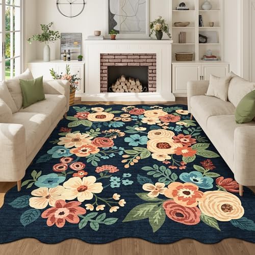 DUKINO 5x7 Area Rugs for Bedroom, Floral Washable Rug Non Slip, Navy Blue by DUKINO