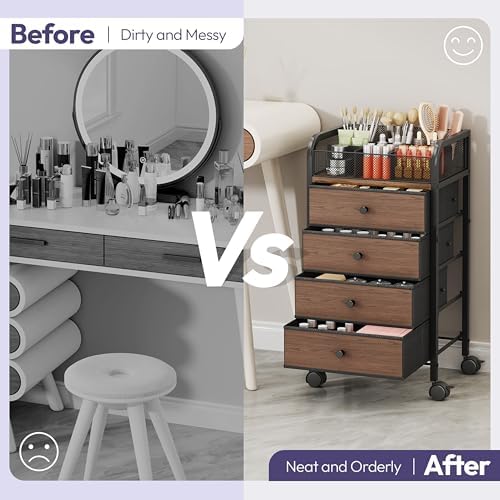 SWTYMIKI Rolling Makeup Organizer Cart - 14.96″*11.81″*27.55″ Widened Under Desk Vanity Storage with 4 Non-woven Drawers, Cosmetic Display Cases for Skin Care Perfume Nail Polish Brush Hair Tool Black - Image 3