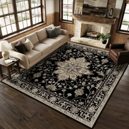 RELEANY Washable Area Rug, Square 8'x8', Black/Neutral by RELEANY