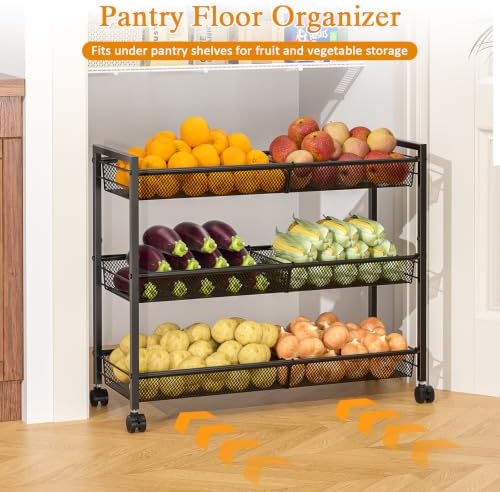 3IngSeagulls 3-Tier Expandable Rolling Pantry Floor Organizer, Stackable Pantry Storage Cart with Wheels, Kitchen Fruit and Vegetable Storage Rack for Onion, Potato, Food, Snacks - Image 2