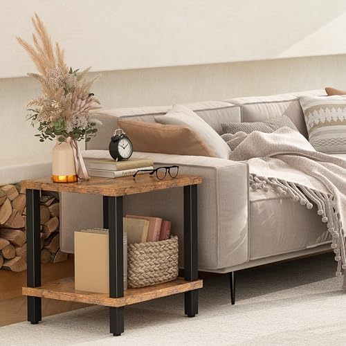 MMEOLUOOK Large End Table Square Side Table Modern Sofa Table 20 Inch Industrial Coffee Table NightStand with 2-Tier Storage Shelf for Living Room Bedroom Rustic Brown MLBZ06R - Image 2