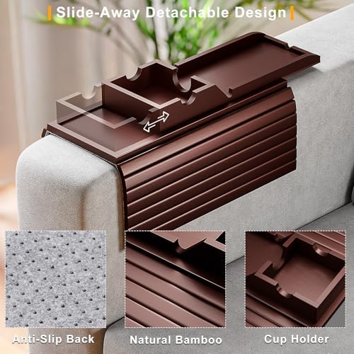 Bestjing 2 Pack Couch Armrest Table with Cup Holder Tray (Walnut) - Image 2