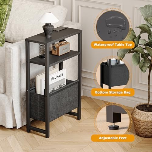 Narrow Side Table with Charging Station, Slim End Table with Magazine Rack, Bedside Table for Small Spaces, 3 Tier Sofa Couch Table Nightstand for Living Room, Bedroom, Black LET503BE - Image 6