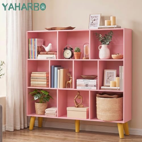 YAHARBO 10 Cube Bookshelf,3 Tier Bookcase with Legs,Light Pink Mid-Century Modern Bookshelves,Large Free Standing Open Storage Organizer Shelf,Tall Wooden Book Case Furniture for Bedroom,Living Room - Image 3