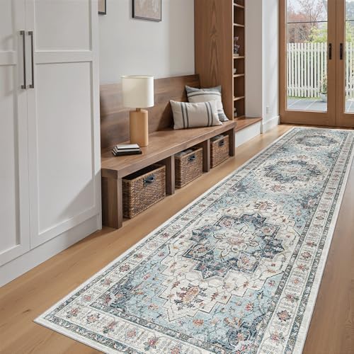 Madane Hallway Runner Rug 2'6''x10' Blue, Washable Vintage Kitchen Runners - Image 4