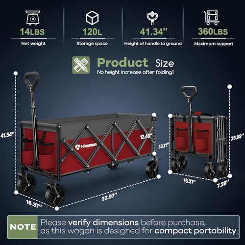 HIKEMOON 34'' Extra Long Folding Portable Wagon, 120L 360LBS Red & Grey - Image 2
