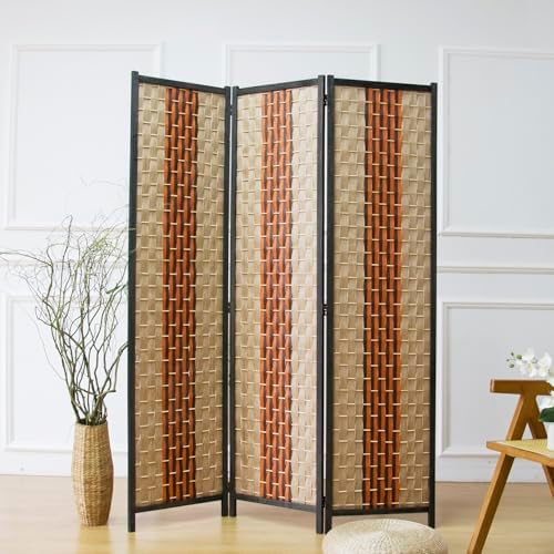 Furnnylane 3 Panel Rattan Room Divider, Beige Orange Folding Privacy Screen by Furnnylane