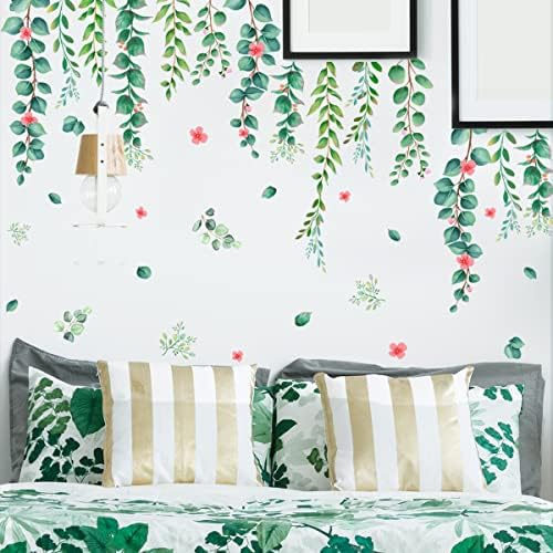 Hanging Green Vine Wall Decals,Succulent Plants Wisteria Floral Flowers Butterflies Birds Wall Stickers, Self-Adhesive Vinyl Removable Living Room Sofa TV Wall Decor - Image 3
