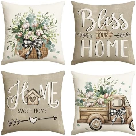 AVOIN Colorlife Bless Our Home Farmhouse Eucalyptus Leaves Throw Pillow Covers, 16 x 16 Inch Truck Home Sweet Cushion Case Decorations Set of 4 by AVOINcolorlife
