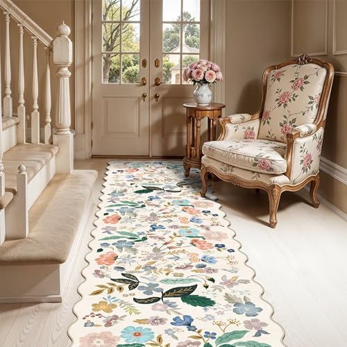 Washable 2x8 Hallway Runner Rug: Vintage Water-Resistant Floral Scalloped Kitchen Entryway Rug Ultra Soft Living Room Bedroom Carpet Non-Slip Indoor Floor Mat for Bathroom Dining Room(2x8,Cream) by HYHAOYUNLAI
